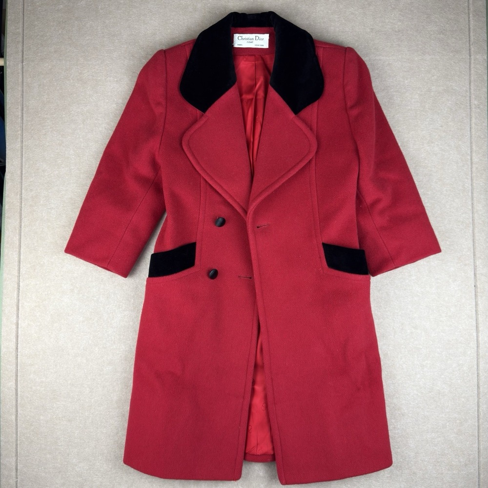 Vintage Christian Dior Red Wool Coat Women's Size 7 USA Made Black Velvet Trim
